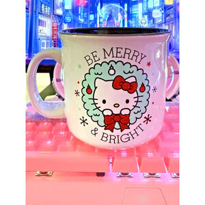 Hello Kitty Christmas Mug 20oz Cup Wreath Be Merry & Bright 2023 Sanrio Holiday